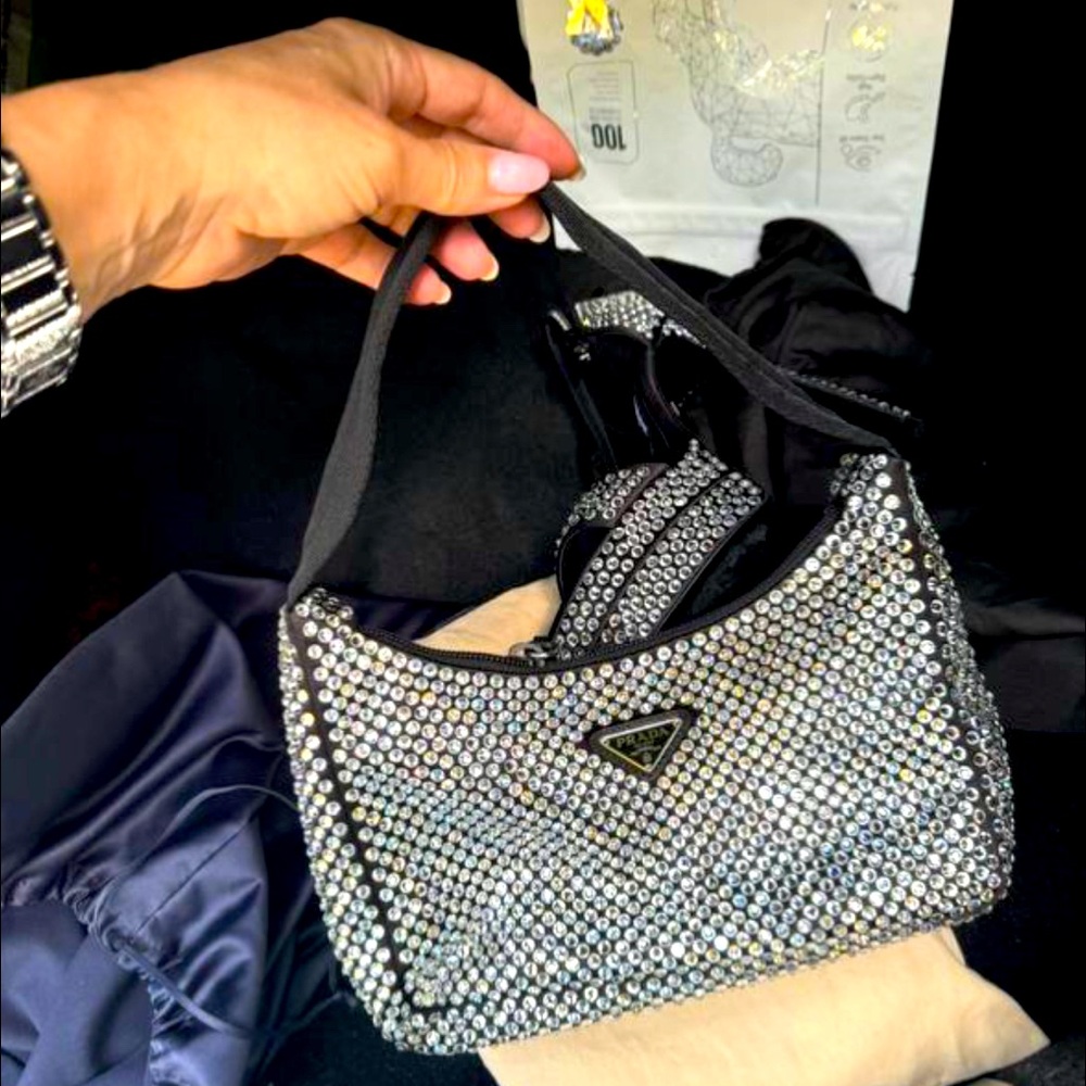 PRADA Satin Crystal Mini Re-Edition 2000 Bag Cristal